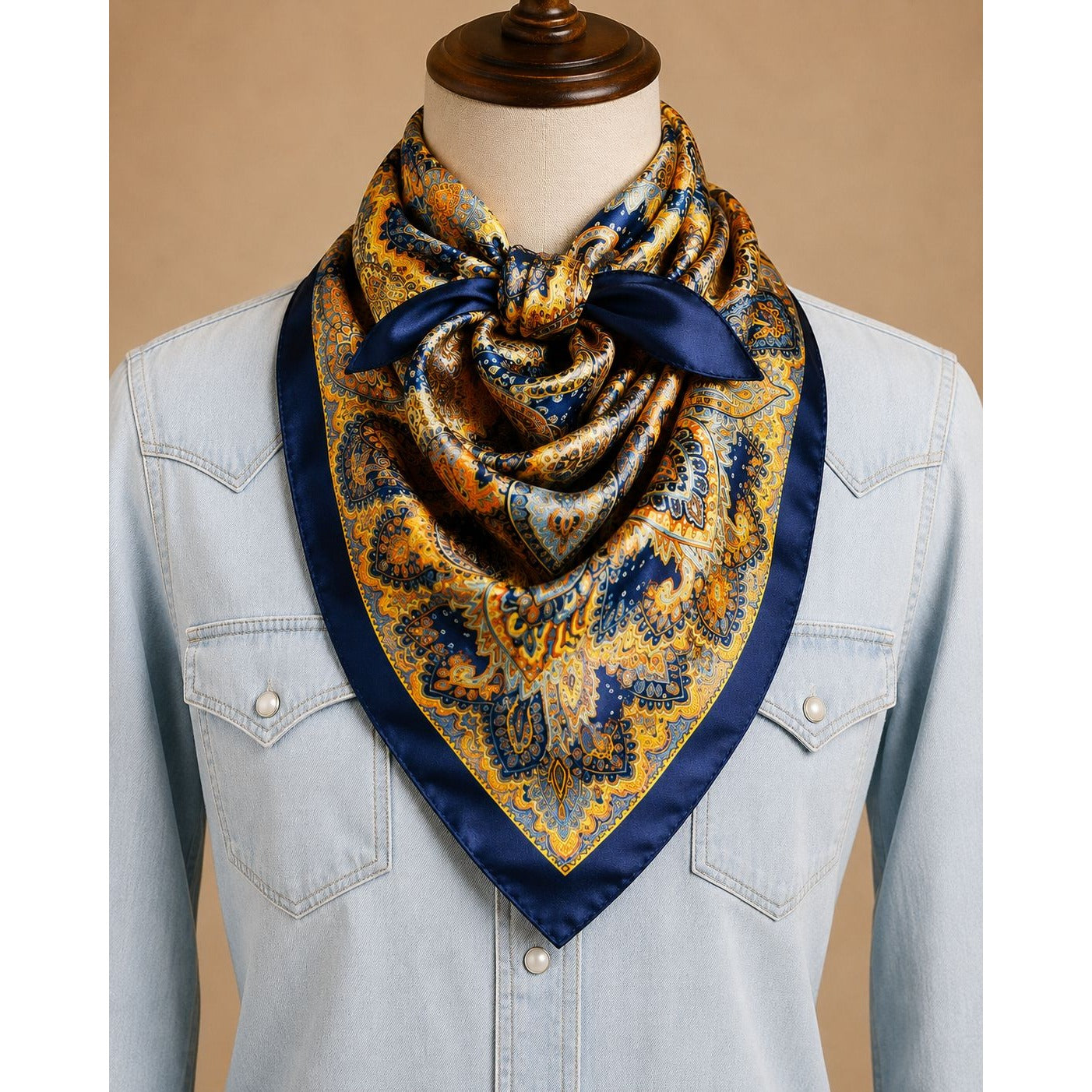 Navy Orange Paisley Wild Rag Scarf 35x35 Satin Western Cowboy Cowgirl