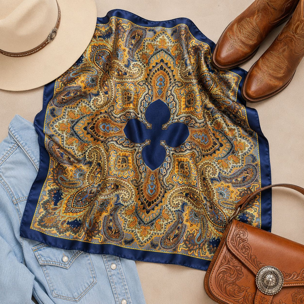 Navy Orange Paisley Wild Rag Scarf 35x35 Satin Western Cowboy Cowgirl