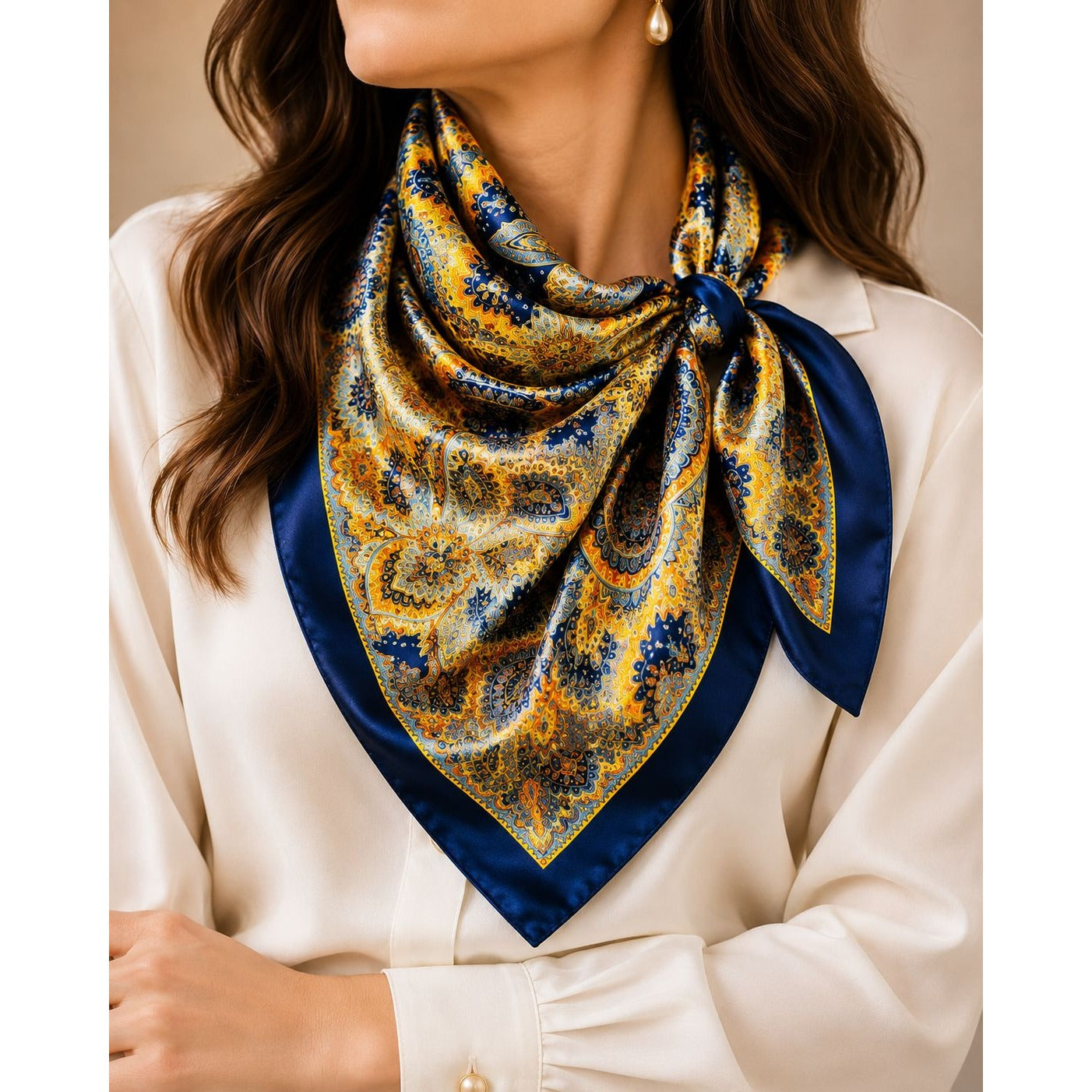 Navy Orange Paisley Wild Rag Scarf 35x35 Satin Western Cowboy Cowgirl