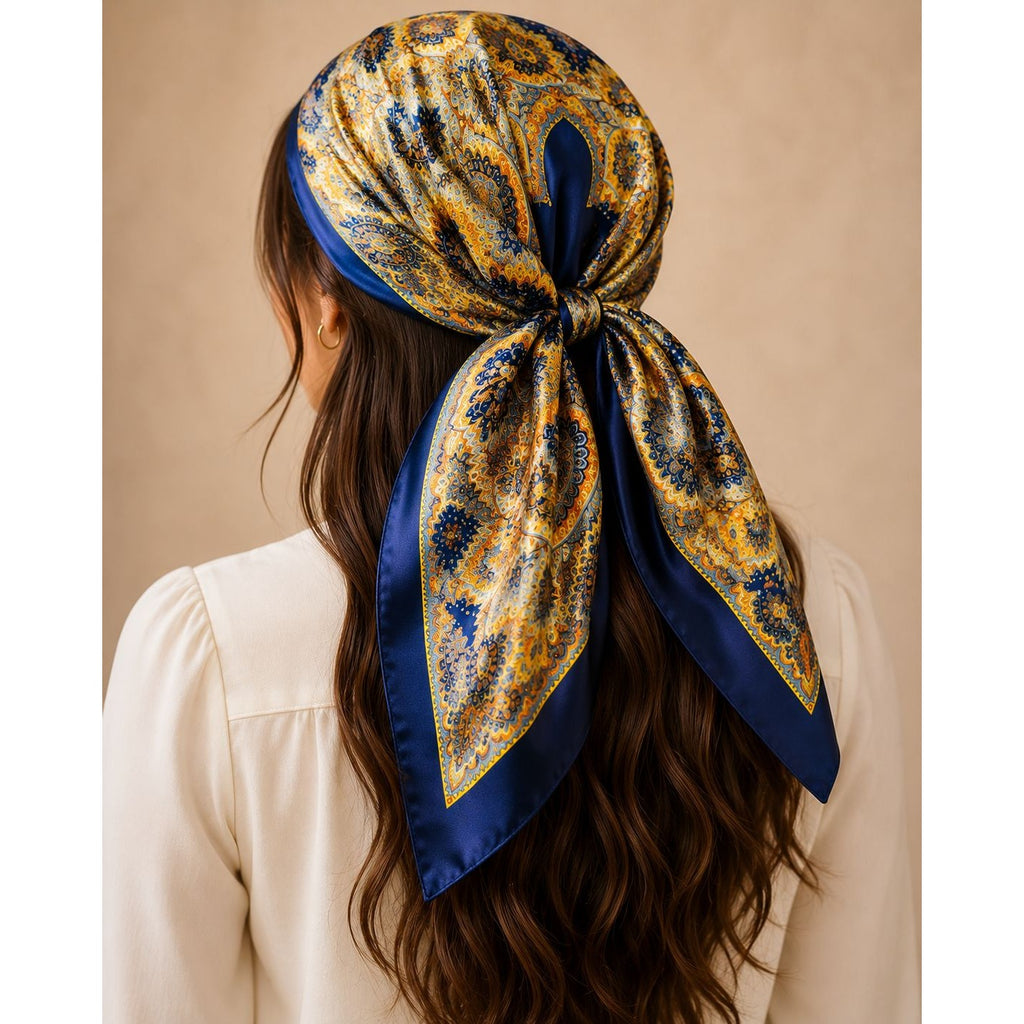 Navy Orange Paisley Wild Rag Scarf 35x35 Satin Western Cowboy Cowgirl