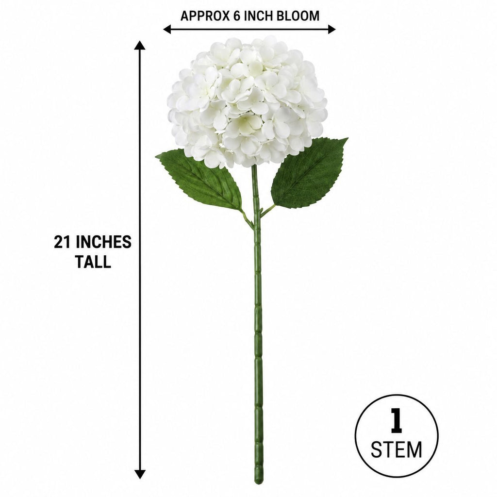 White artificial hydrangea stem with green leaves and stem, shown with dimension labels indicating approximately 6 inches bloom width and 21 inches tall, plus a '1 stem' badge on a white background.