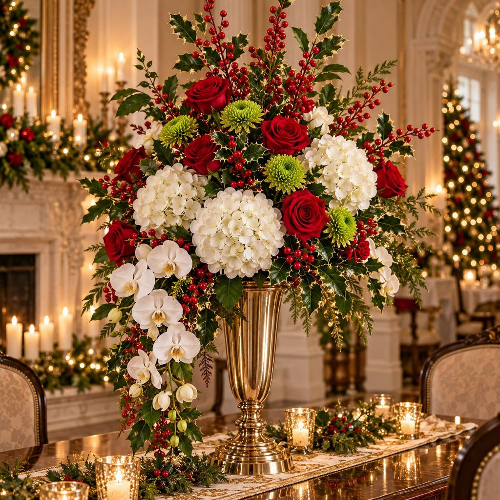 A large holiday floral arrangement in a tall gold pedestal vase, featuring red roses, white hydrangeas, white orchids, green mums, and red berries, displayed on a decorated dining table in an elegant indoor setting.