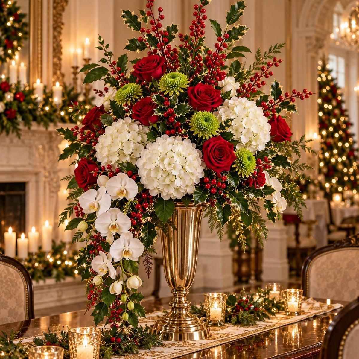 A large holiday floral arrangement in a tall gold pedestal vase, featuring red roses, white hydrangeas, white orchids, green mums, and red berries, displayed on a decorated dining table in an elegant indoor setting.
