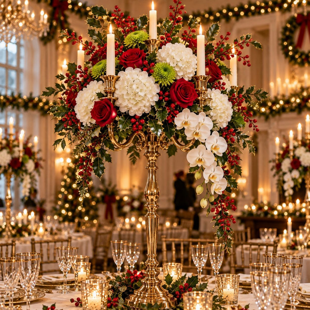 A large gold candelabra centerpiece decorated with red and white flowers, green foliage, and white taper candles, set on a decorated wedding reception table in a grand hall.