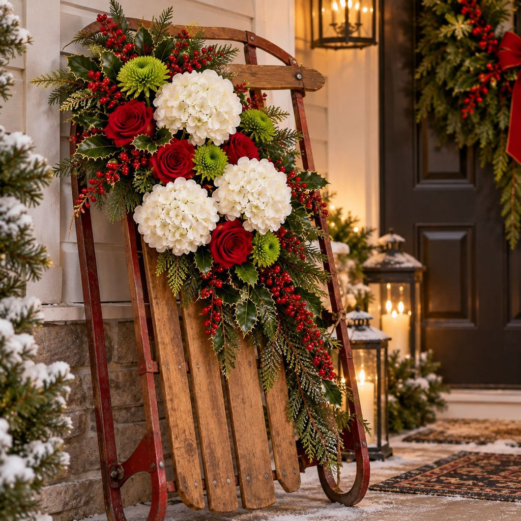 A rustic wooden sled decorated with a large Christmas floral arrangement featuring white hydrangeas, red roses, green foliage, and red berries, set against a holiday front porch backdrop.