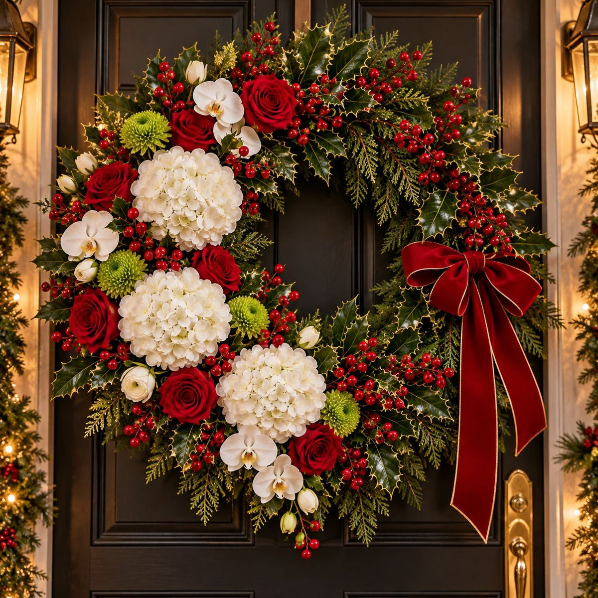 A festive Christmas wreath with red roses, white hydrangeas, white orchids, green mums, holly leaves, red berries, and a large red ribbon bow, hanging on a dark paneled door.