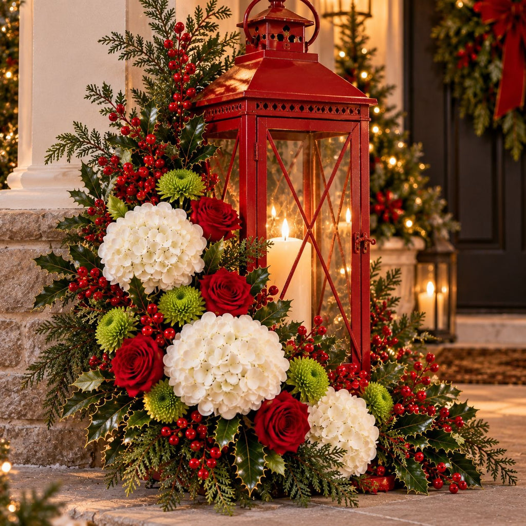 A festive Christmas outdoor decoration featuring a red lantern surrounded by white hydrangeas, red roses, green pom poms, red berries, and holly leaves, set against a stone wall and decorated holiday door background.