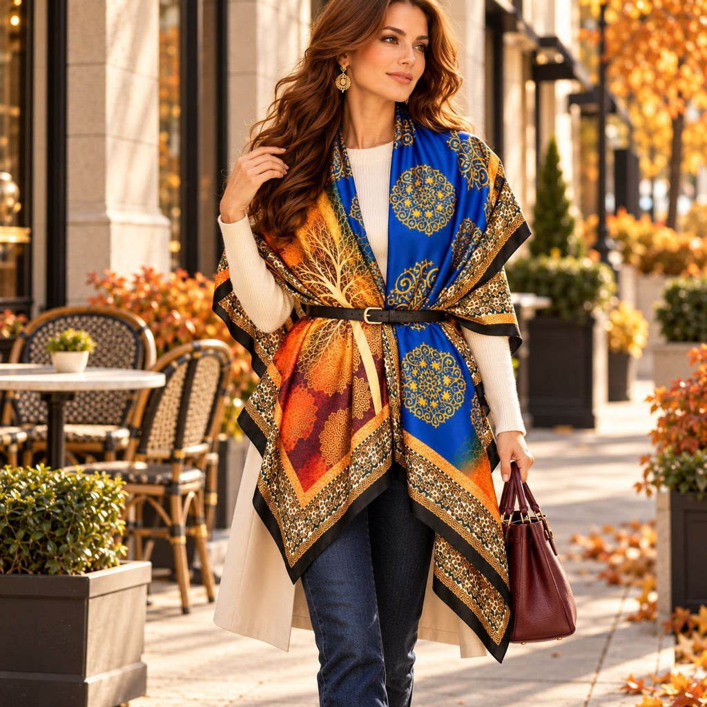 Cobalt Blue Gold Satin Scarf 70x32 Rust Burgundy Ornate Womens Long Wrap Shawl