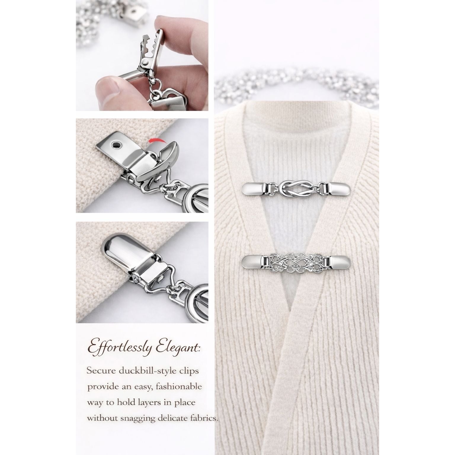 Silver Sweater Clip Set of 2, Cardigan Clip Shawl Clip Dress Cinch Collar Clasp Minimal Womens
