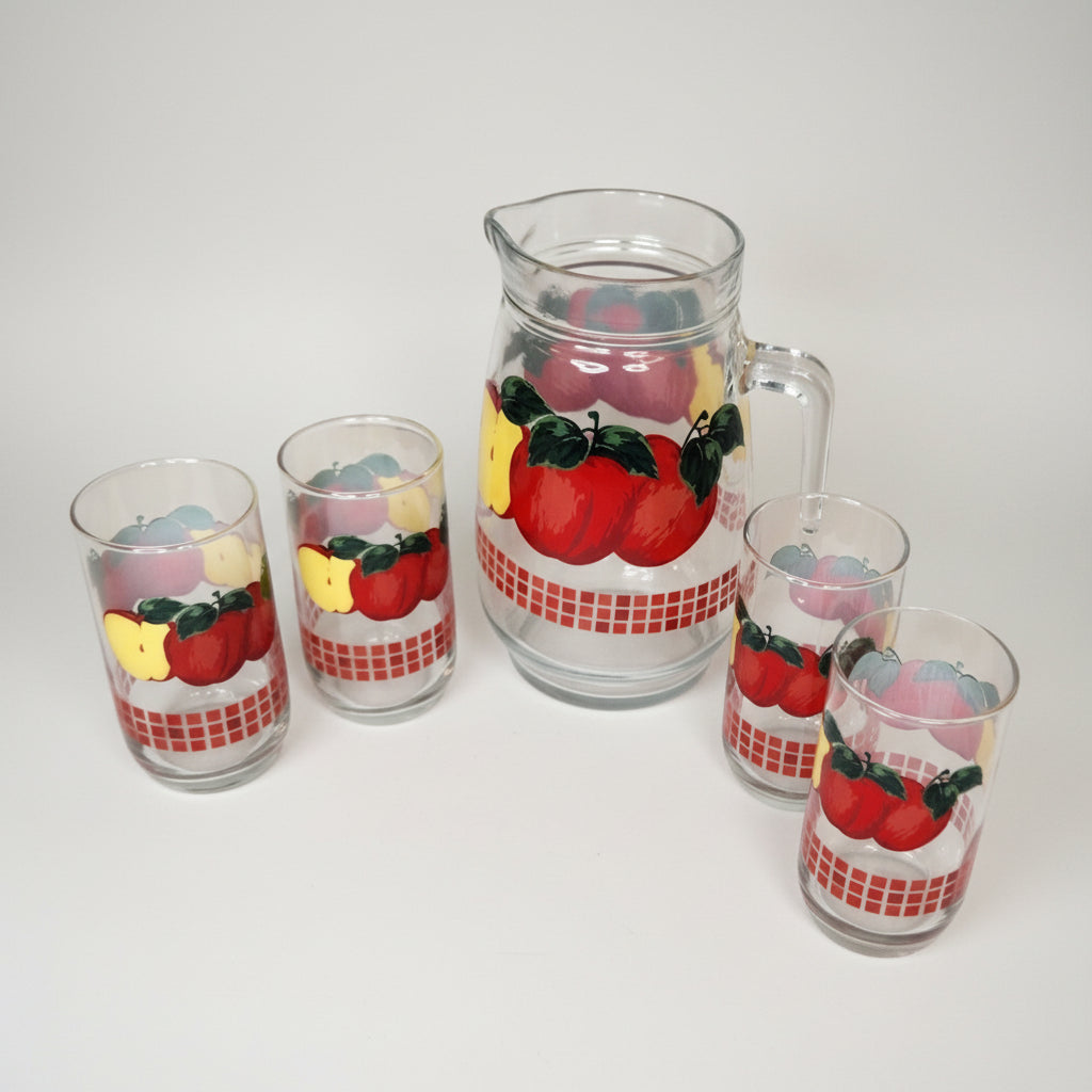 Vintage apple glass pitcher set, KIG Malaysia pitcher and glasses, farmhouse kitchen decor, retro juice set, 1970s glassware