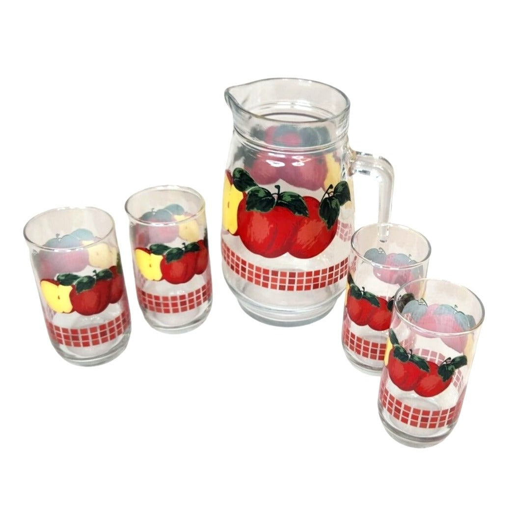 Vintage 1970s KIG Malaysia Apple Glass Pitcher Set with 4 Juice Glasses 48oz
