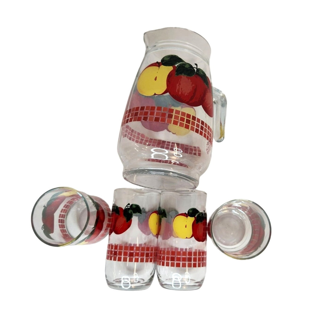 Vintage 1970s KIG Malaysia Apple Glass Pitcher Set with 4 Juice Glasses 48oz