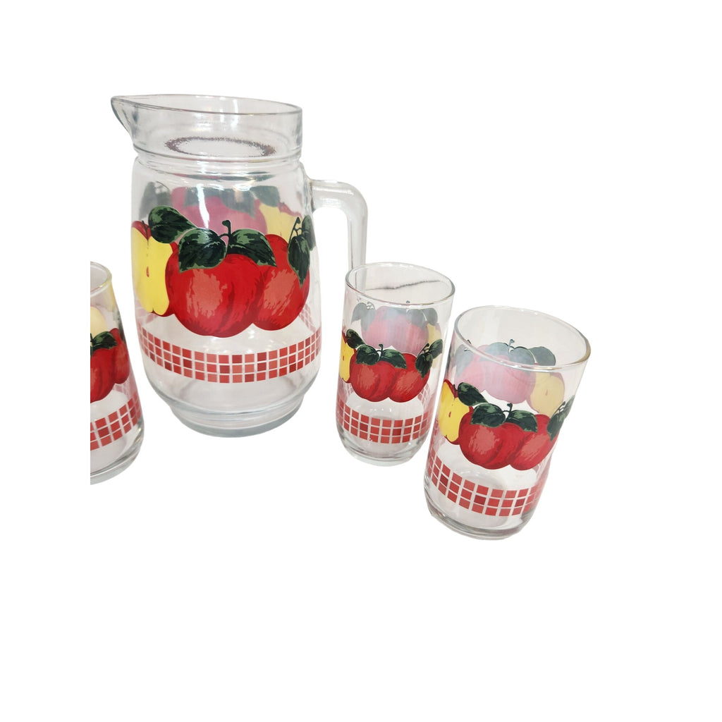 Vintage 1970s KIG Malaysia Apple Glass Pitcher Set with 4 Juice Glasses 48oz