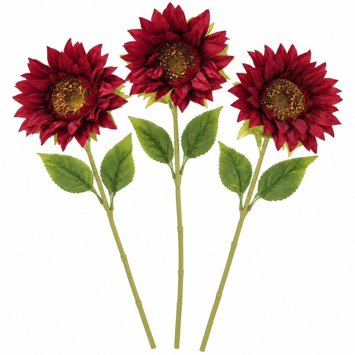 Burgundy Artificial Sunflower Stems, Set of 3, 17-Inch Faux Silk
