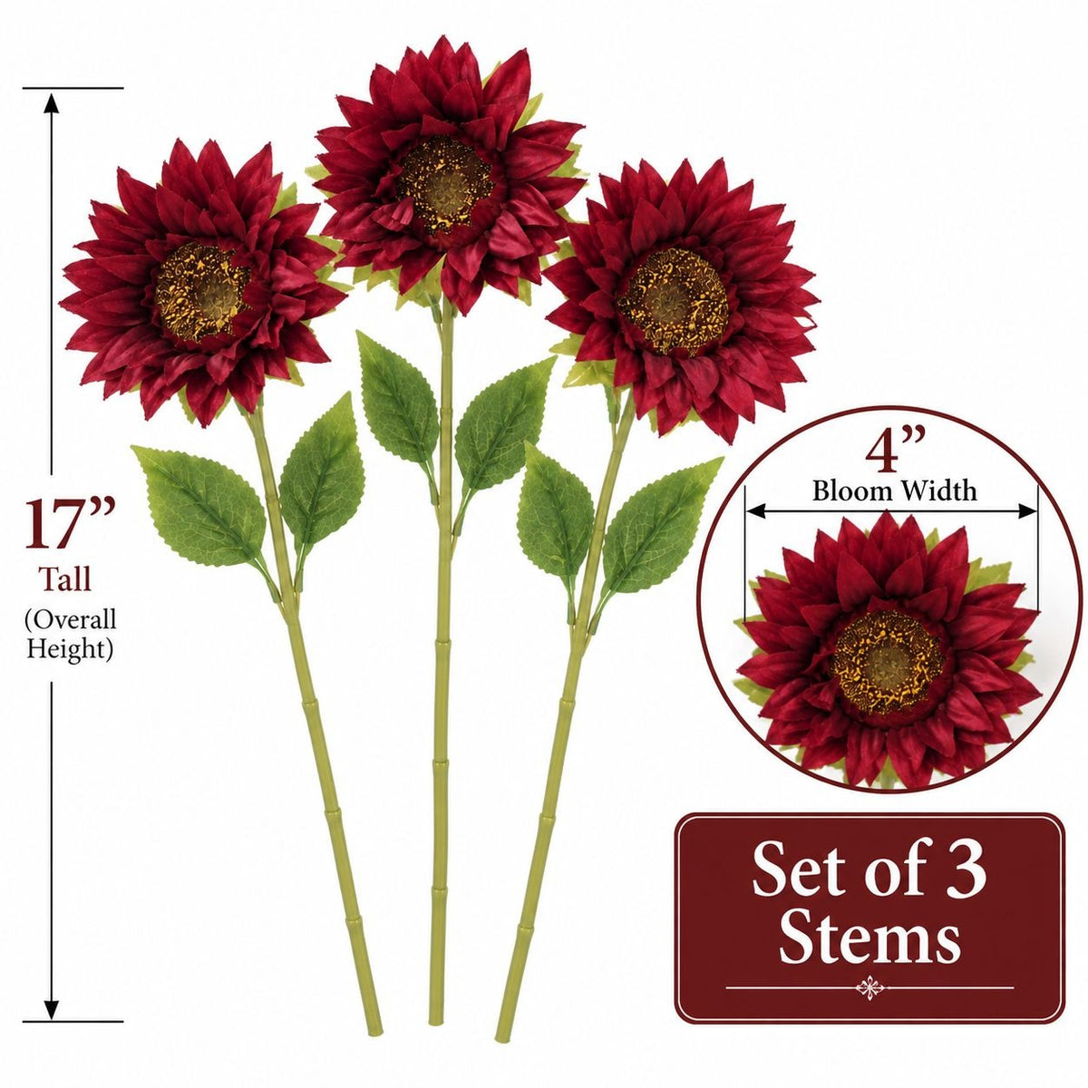 Three artificial burgundy sunflower stems with green leaves on a white background, with measurement callouts showing 17-inch overall height, 4-inch bloom width, and a note that this is a set of 3 stems.