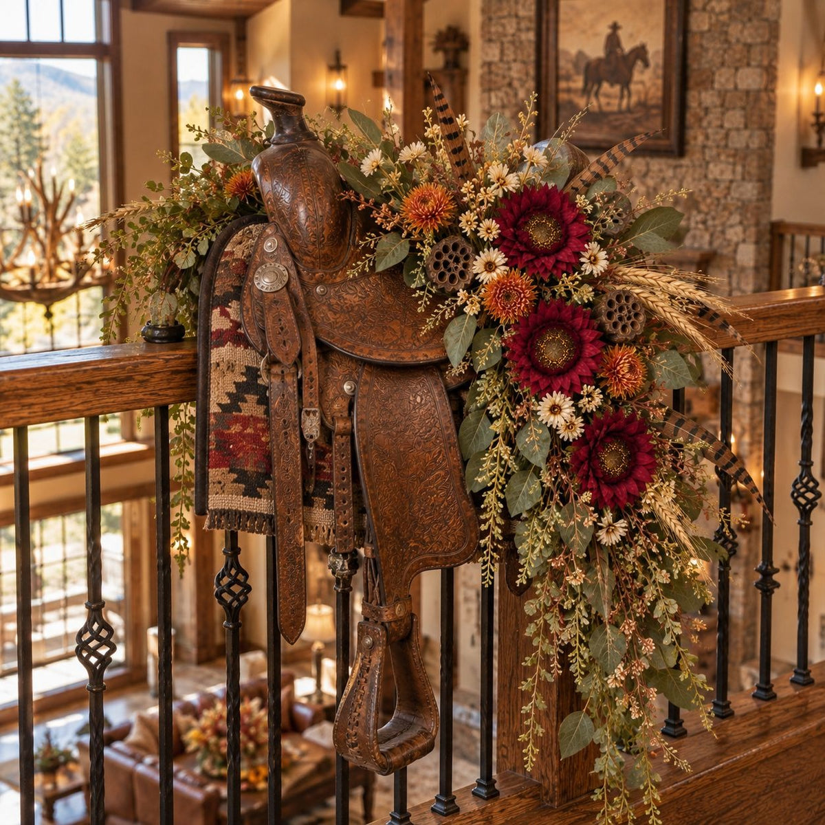 A rustic western-themed decorative arrangement featuring a faux leather saddle, large burgundy sunflowers, orange marigolds, and green foliage draped over a wooden railing in a warm, stone-walled interior.