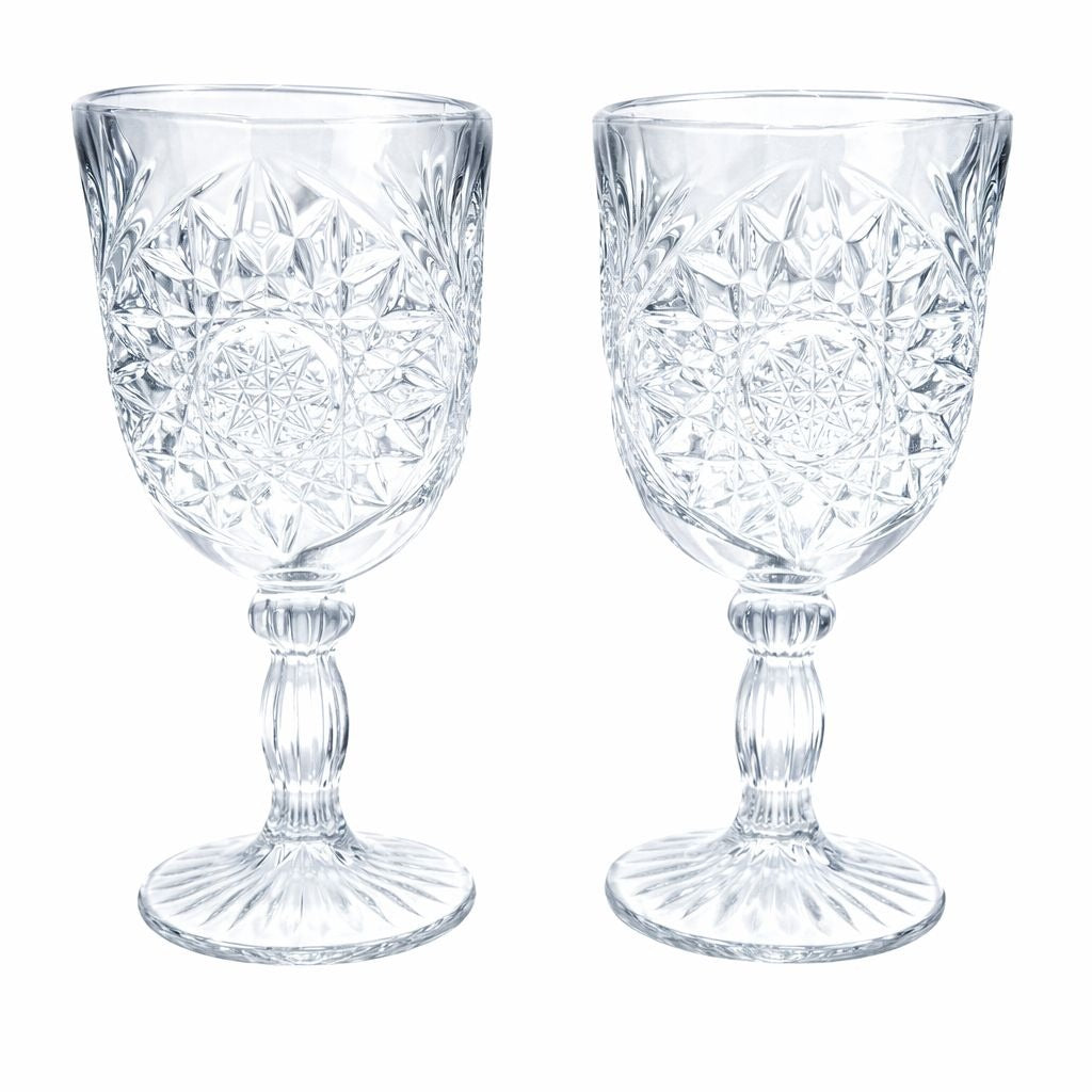 Libbey Hobstar Goblets Set of 2 Vintage Clear Pressed Glass Star of David Wedding Table Wine Glasses 12 oz