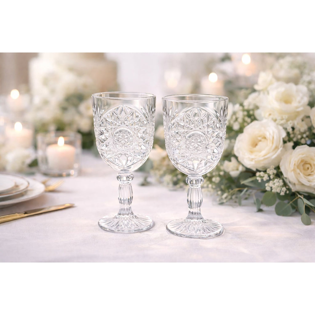 Libbey Hobstar Goblets Set of 2 Vintage Clear Pressed Glass Star of David Wedding Table Wine Glasses 12 oz