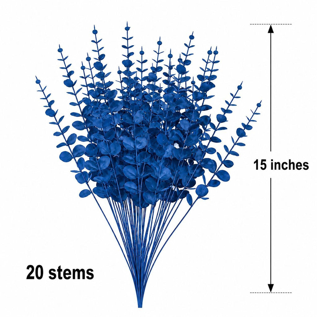 20 Sapphire Blue Artificial Eucalyptus Stems 15 Inch Wired Floral Greenery Wreath Supplies