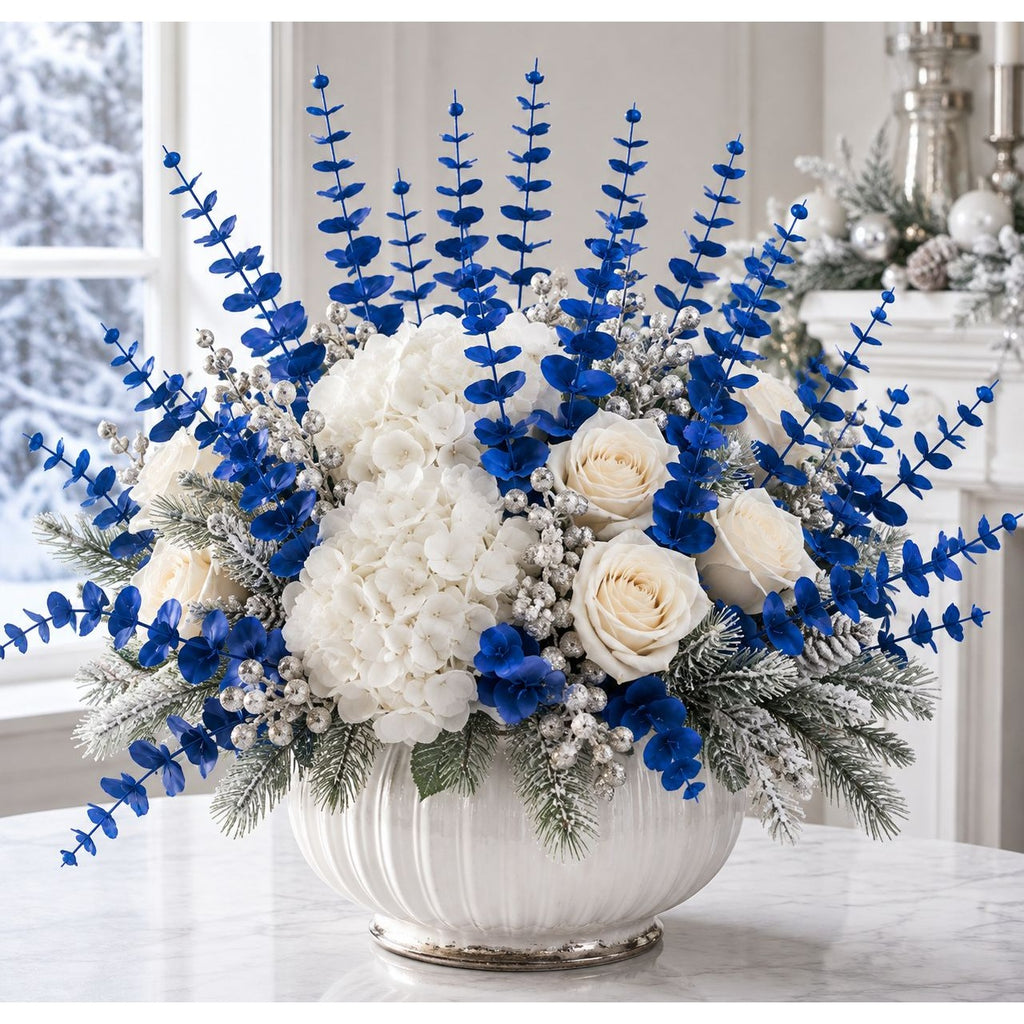 20 Sapphire Blue Artificial Eucalyptus Stems 15 Inch Wired Floral Greenery Wreath Supplies