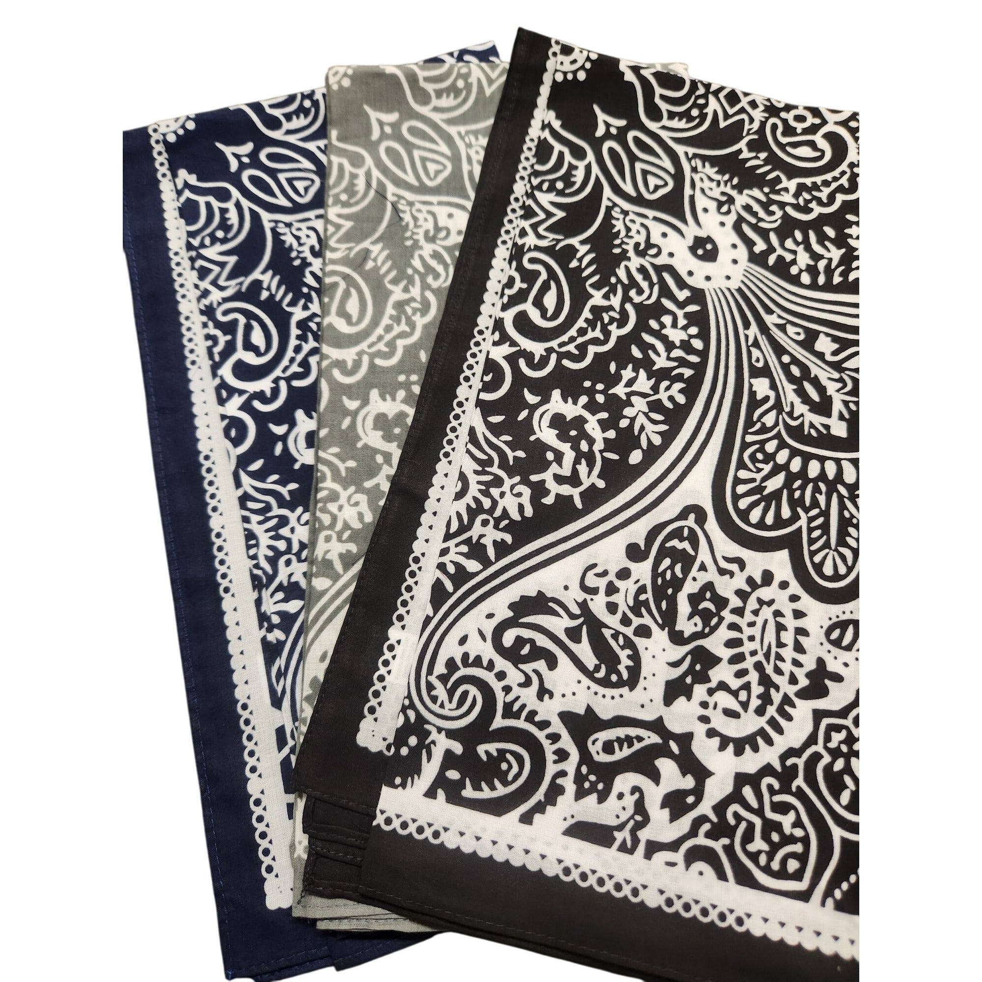 Cotton Bandanas Paisley Print Handkerchiefs 3-Pack Black/Gray/Navy 22" sq Unisex