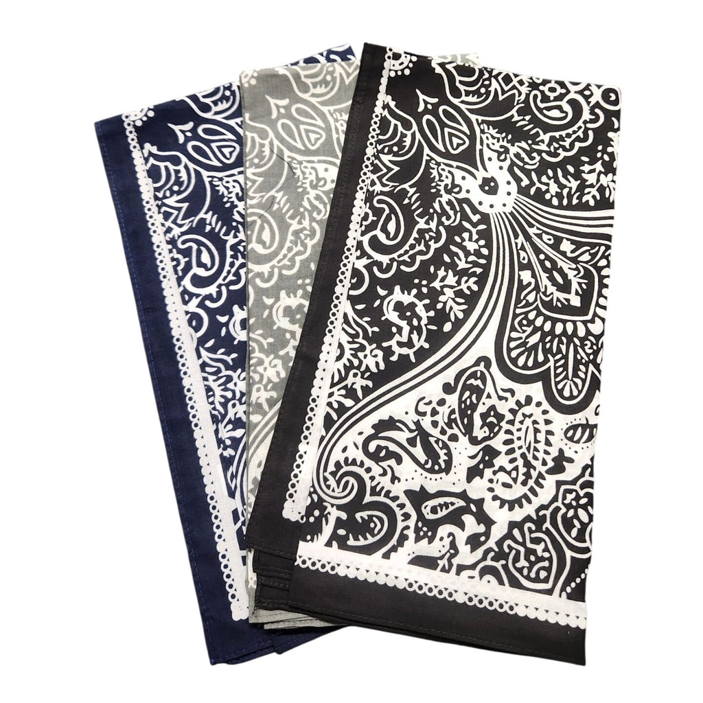 Cotton Bandanas Paisley Print Handkerchiefs 3-Pack Black/Gray/Navy 22" sq Unisex