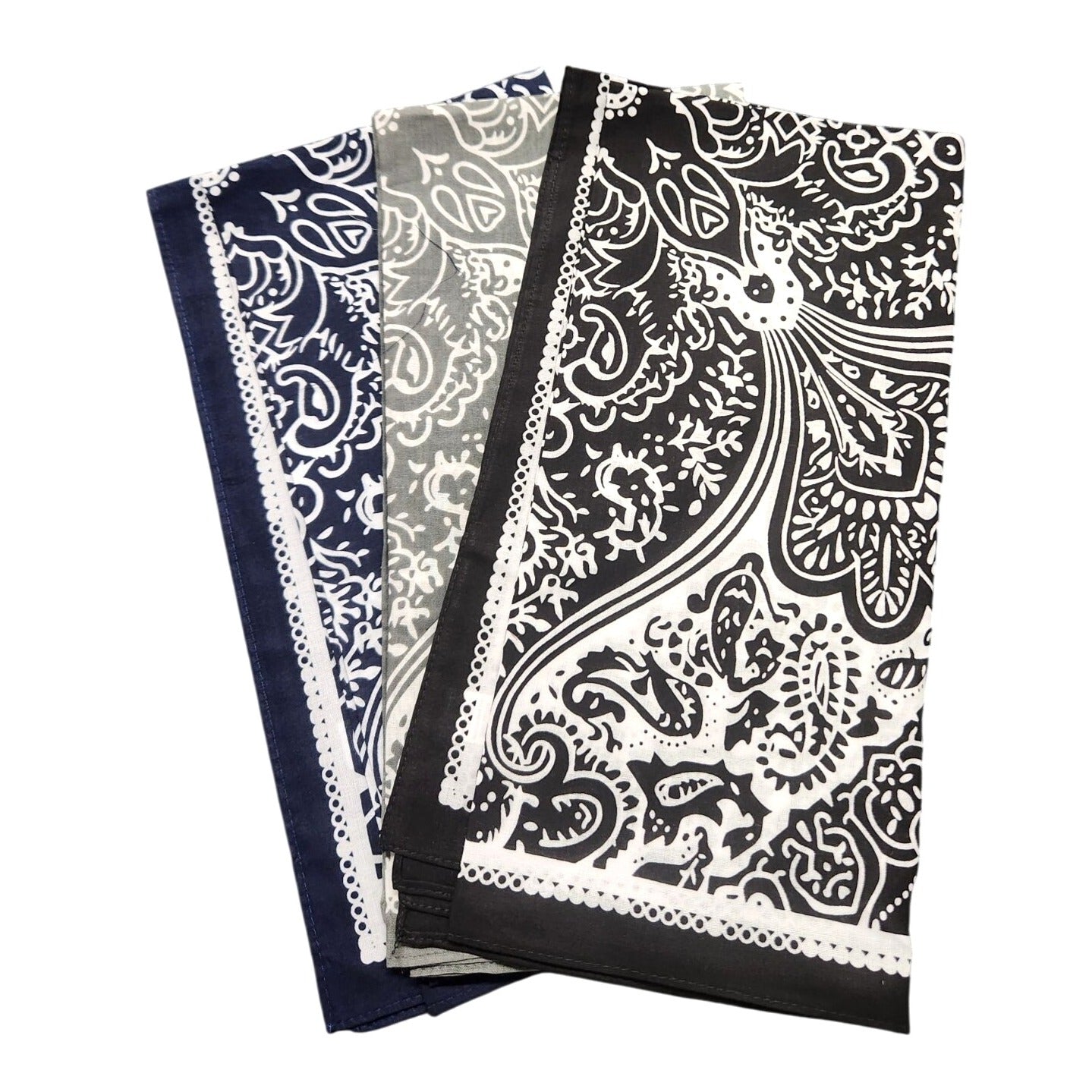 Cotton Bandanas Paisley Print Handkerchiefs 3-Pack Black/Gray/Navy 22" sq Unisex