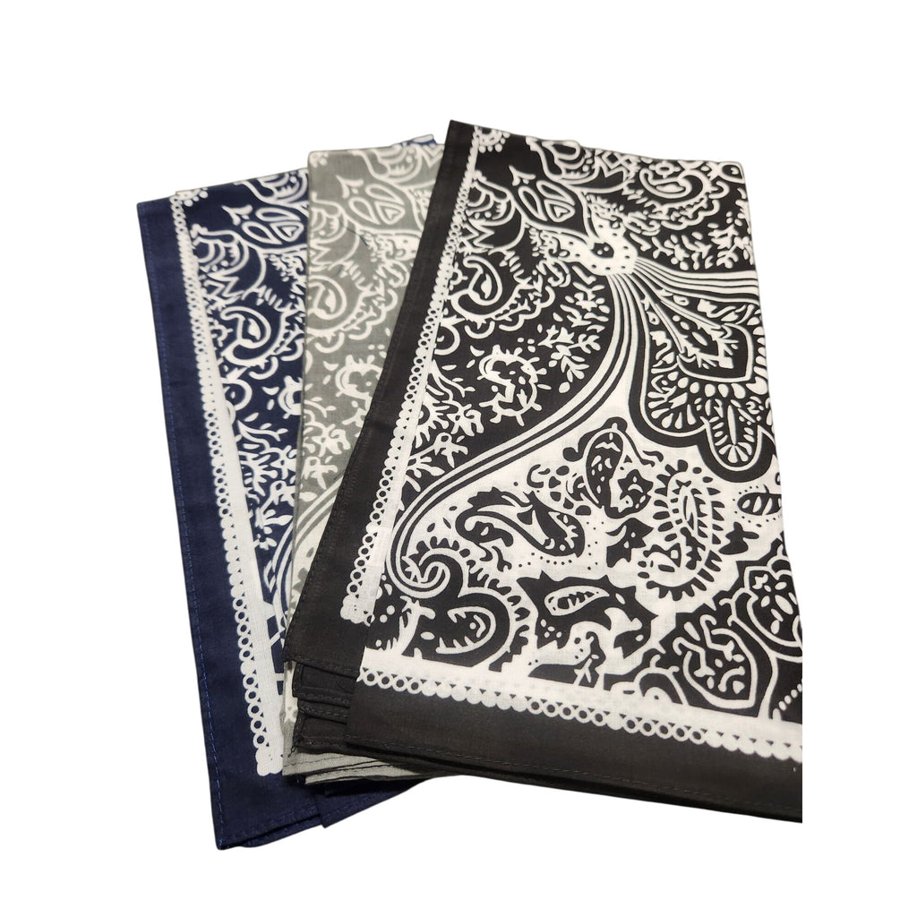 Cotton Bandanas Paisley Print Handkerchiefs 3-Pack Black/Gray/Navy 22" sq Unisex