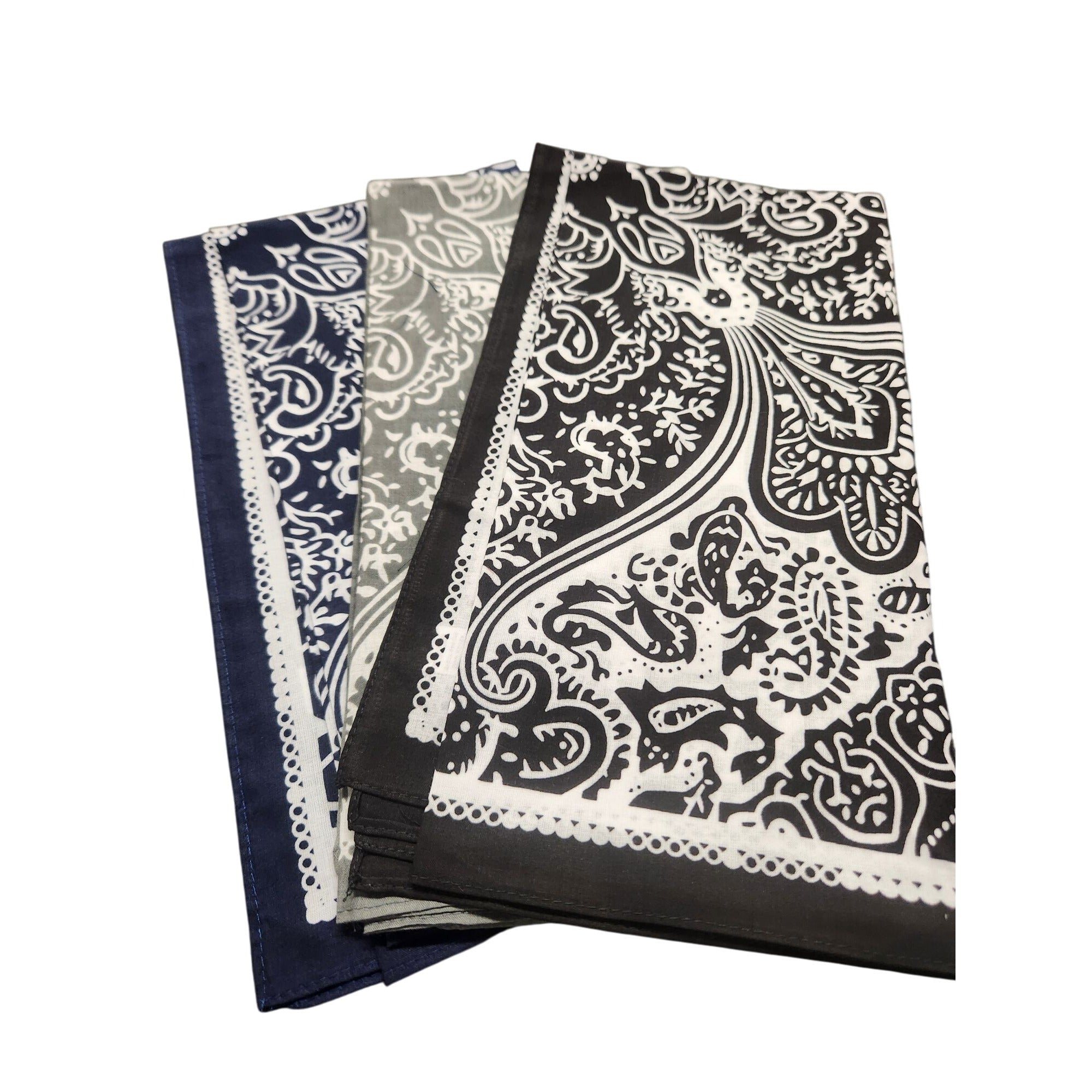 Cotton Bandanas Paisley Print Handkerchiefs 3-Pack Black/Gray/Navy 22" sq Unisex