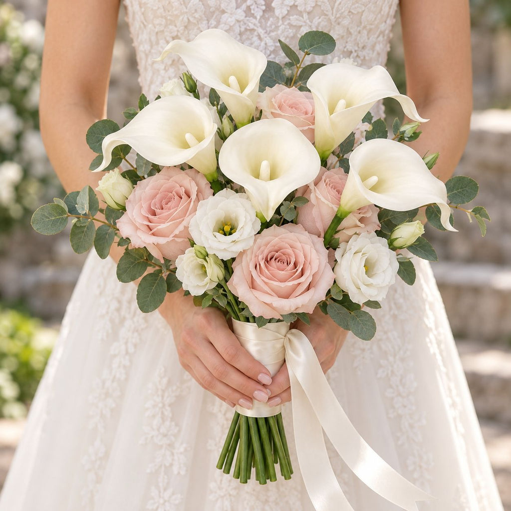 White Faux Calla Lilies 5 Wired Stems 14 Inch Flowers for Bridal Bouquets