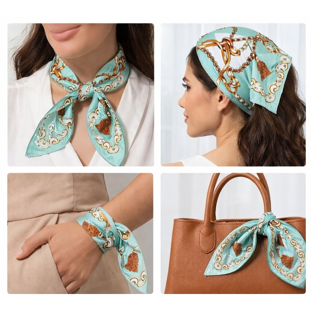 Womens Satin Square Scarf Seafoam Blue Equestrian Rope Chain Hair Neck Head Wrap Bag Scarf Western Boho 20x20