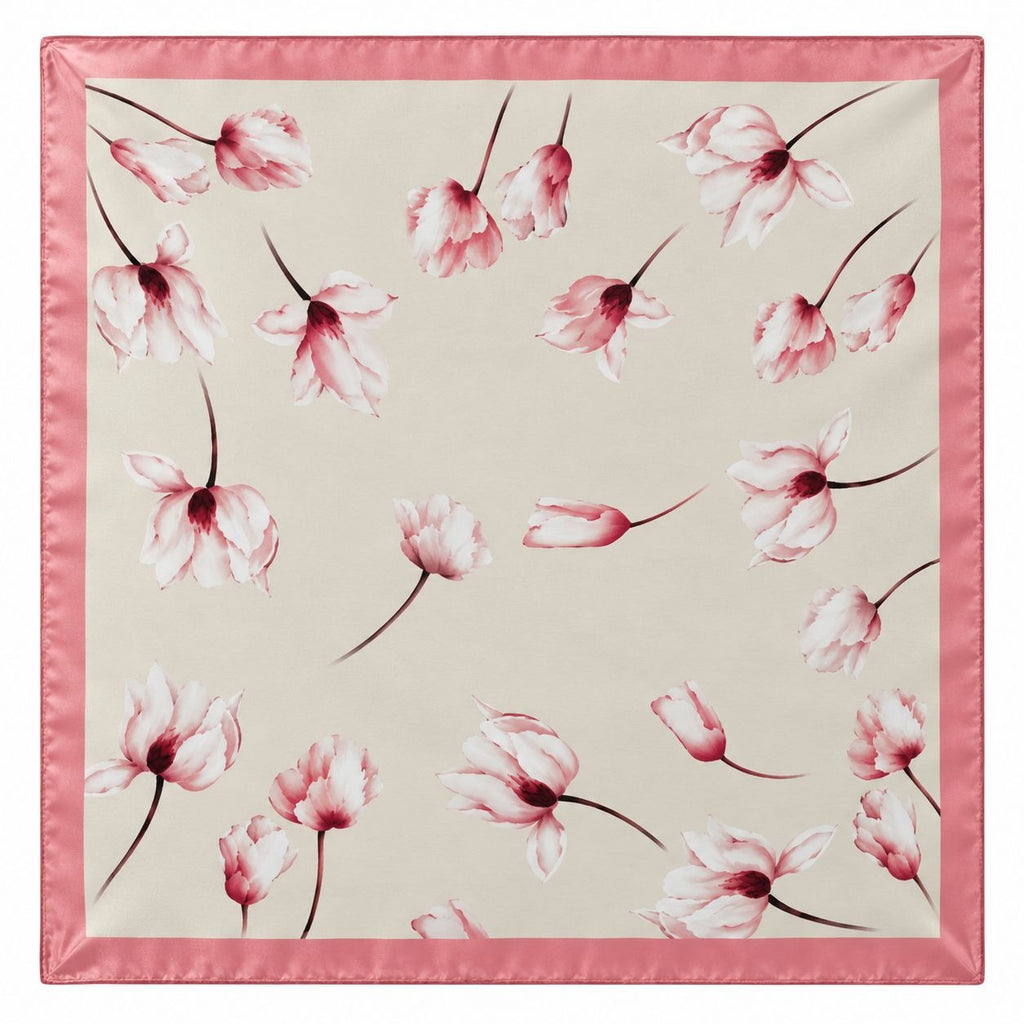 Cream Pink Floral Satin Scarf 26x26 Magnolia Tulip Square Hair Neck Wrap
