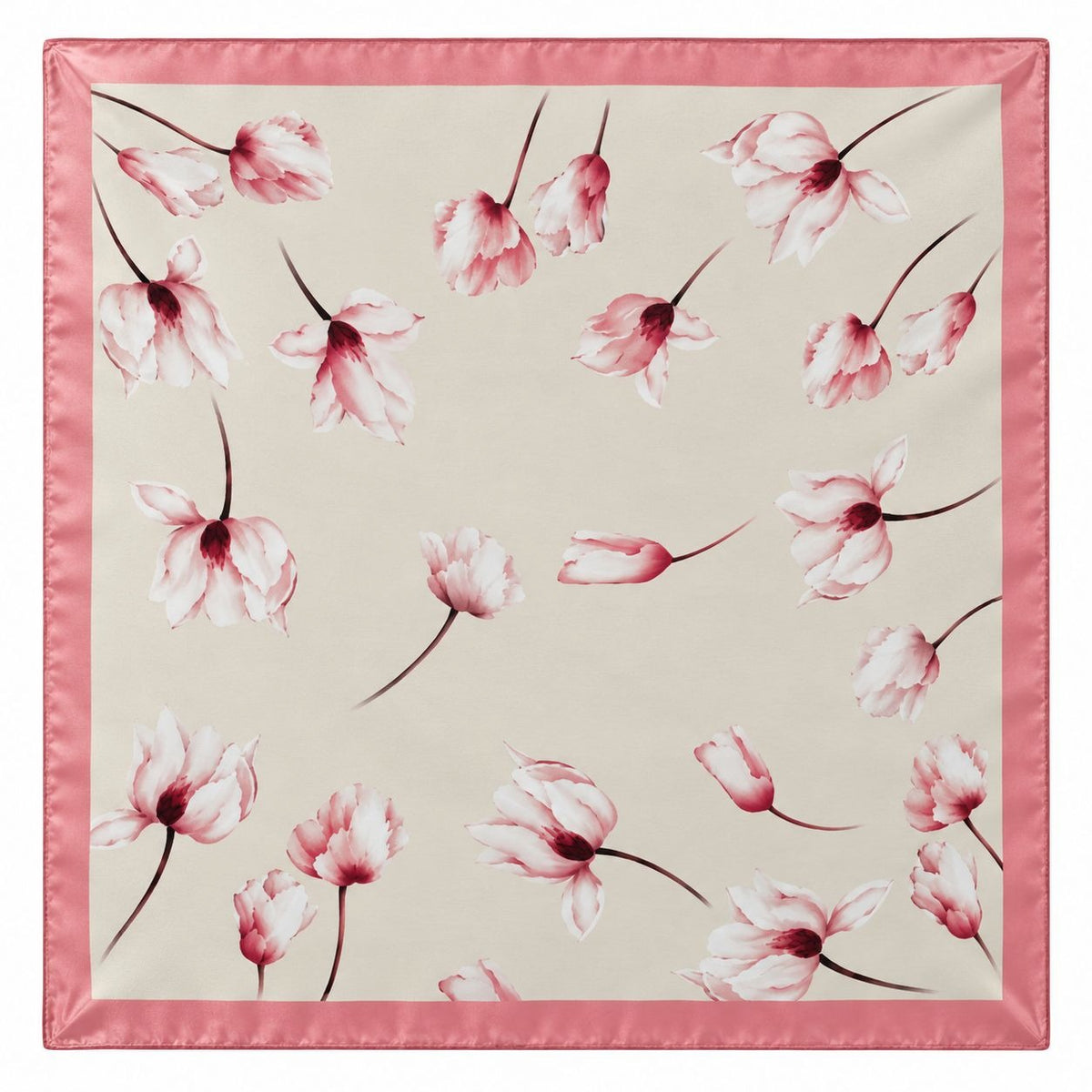 Cream Pink Floral Satin Scarf 26x26 Magnolia Tulip Square Hair Neck Wrap