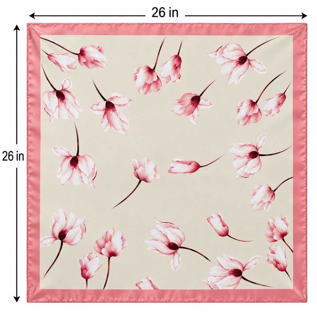Cream Pink Floral Satin Scarf 26x26 Magnolia Tulip Square Hair Neck Wrap
