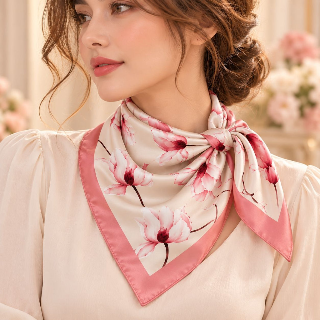 Cream Pink Floral Satin Scarf 26x26 Magnolia Tulip Square Hair Neck Wrap