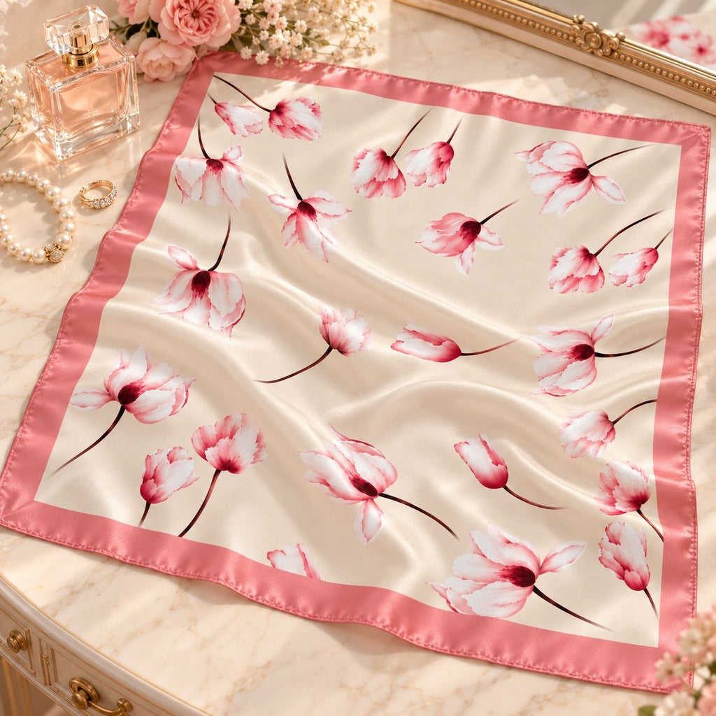 Cream Pink Floral Satin Scarf 26x26 Magnolia Tulip Square Hair Neck Wrap