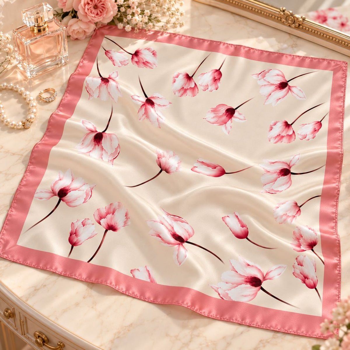 Cream Pink Floral Satin Scarf 26x26 Magnolia Tulip Square Hair Neck Wrap