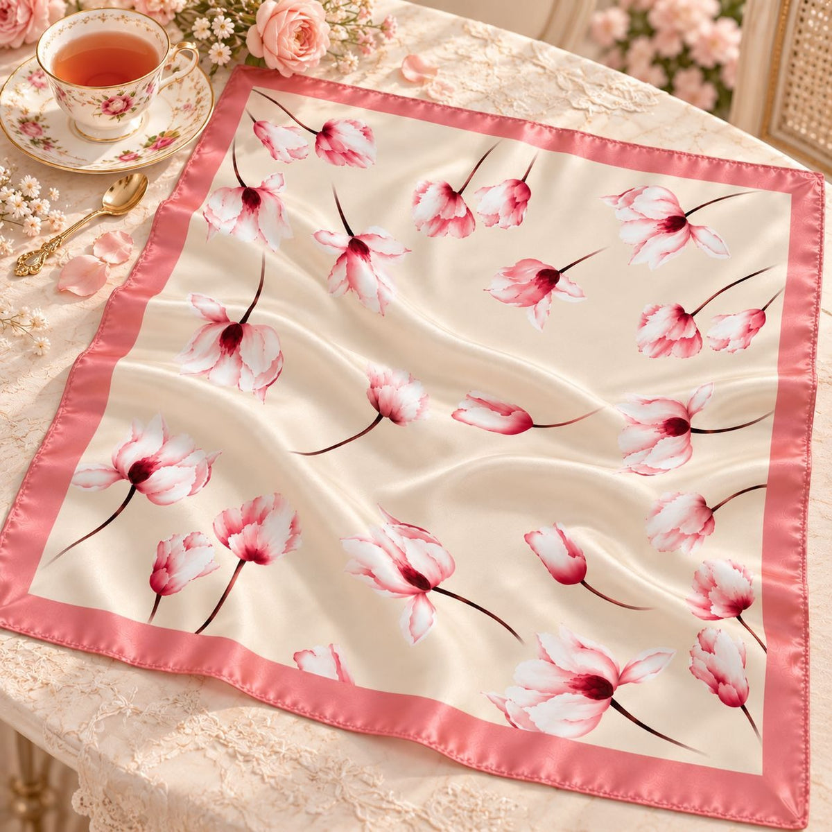 Cream Pink Floral Satin Scarf 26x26 Magnolia Tulip Square Hair Neck Wrap