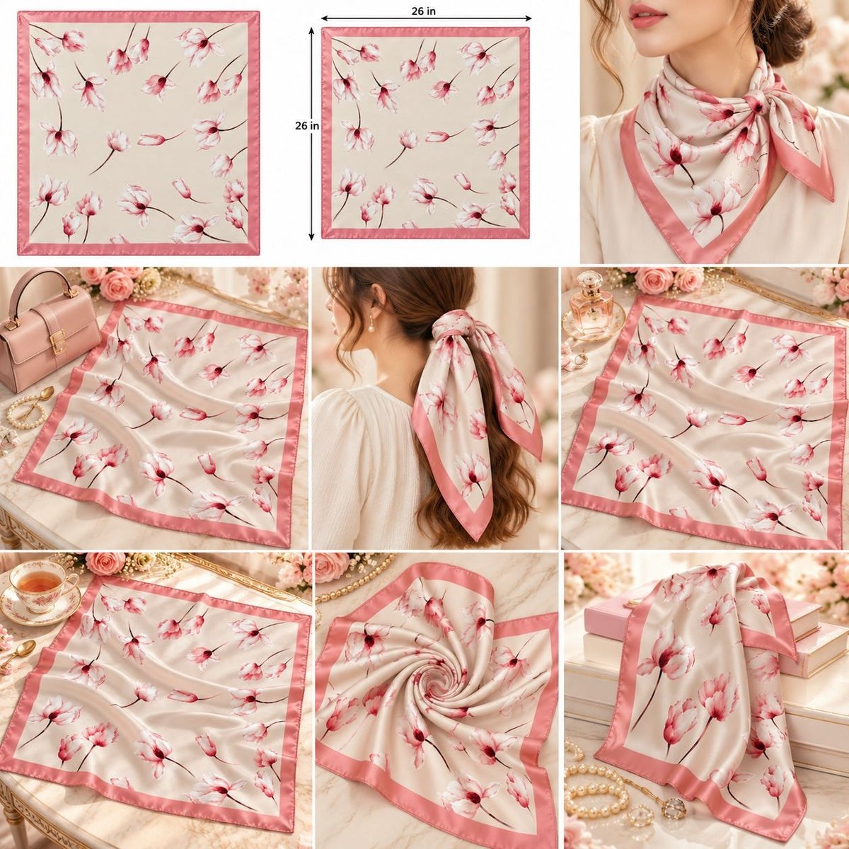 Cream Pink Floral Satin Scarf 26x26 Magnolia Tulip Square Hair Neck Wrap
