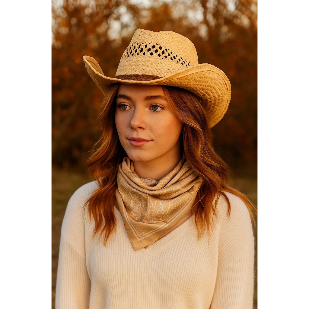 Beige White Paisley Square Scarf Wild Rag Bandana Print Satin Neck Head Wrap 35 inch