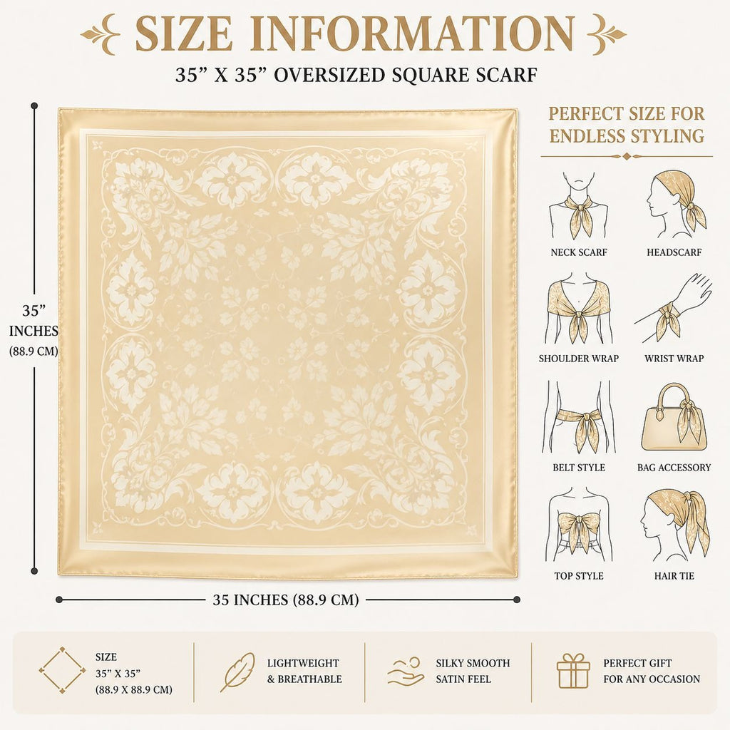 Beige White Paisley Square Scarf Wild Rag Bandana Print Satin Neck Head Wrap 35 inch