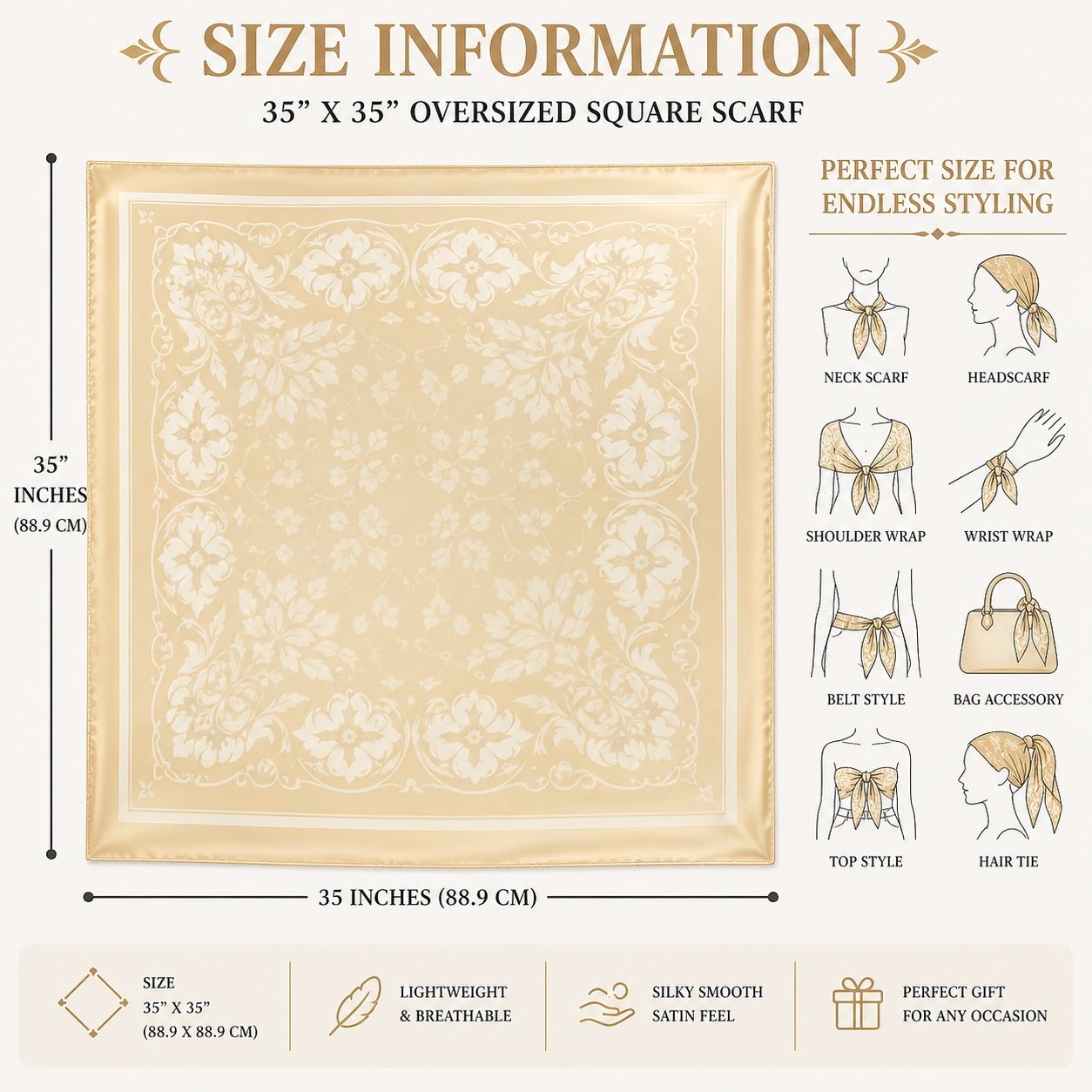Beige White Paisley Square Scarf Wild Rag Bandana Print Satin Neck Head Wrap 35 inch