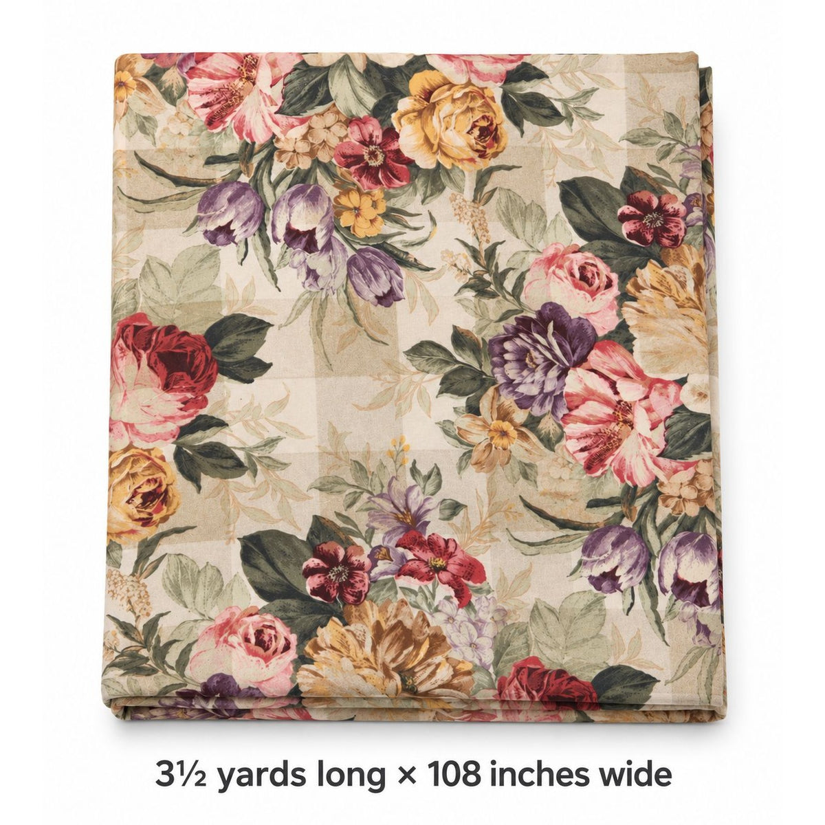 Vintage John Wolf Floral Cotton Fabric Cream Tan Plaid 3½ Yards x 108 Wide