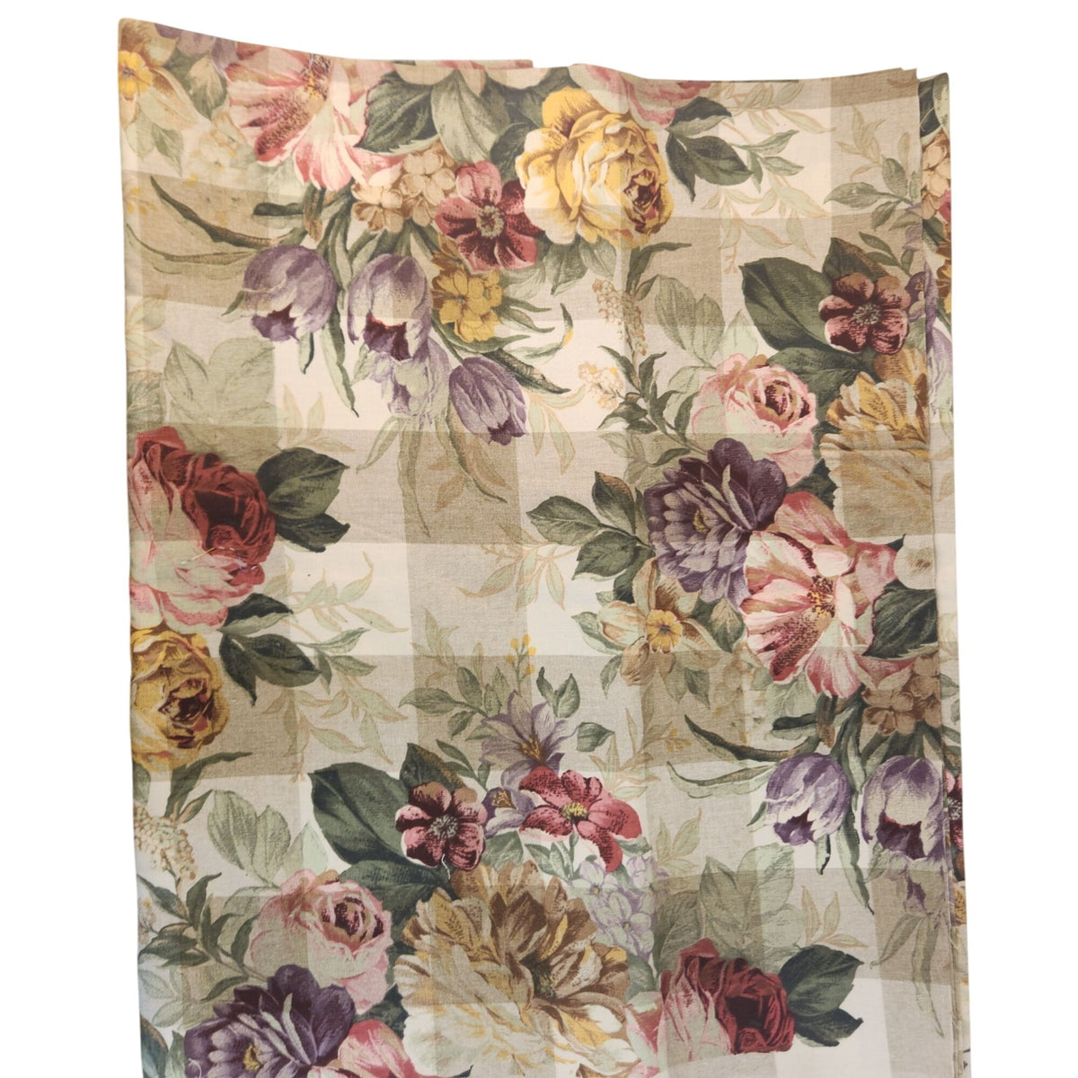 Vintage John Wolf Floral Cotton Fabric Cream Tan Plaid 3½ Yards x 108 Wide