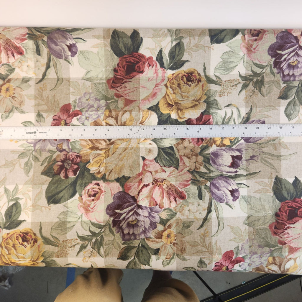 Vintage John Wolf Floral Cotton Fabric Cream Tan Plaid 3½ Yards x 108 Wide