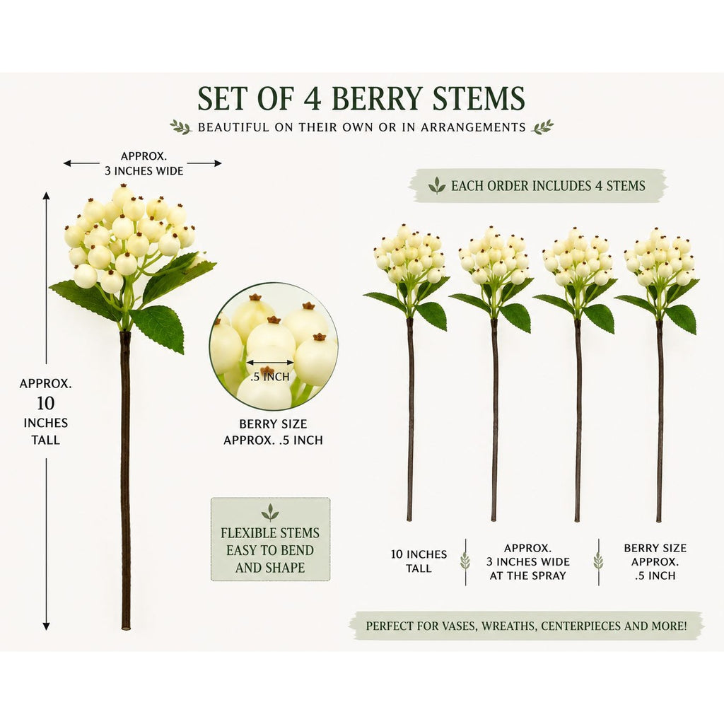 Artificial Ivory Berry Stems Set of 4, Faux White Berry Picks, Winter Berry Stems, Christmas Greenery, Wedding Decor, Wreath Supplies