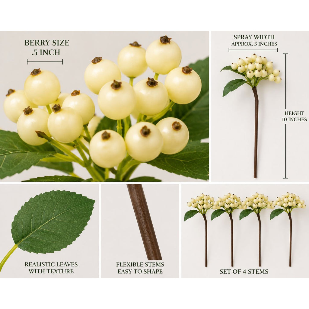 Artificial Ivory Berry Stems Set of 4, Faux White Berry Picks, Winter Berry Stems, Christmas Greenery, Wedding Decor, Wreath Supplies