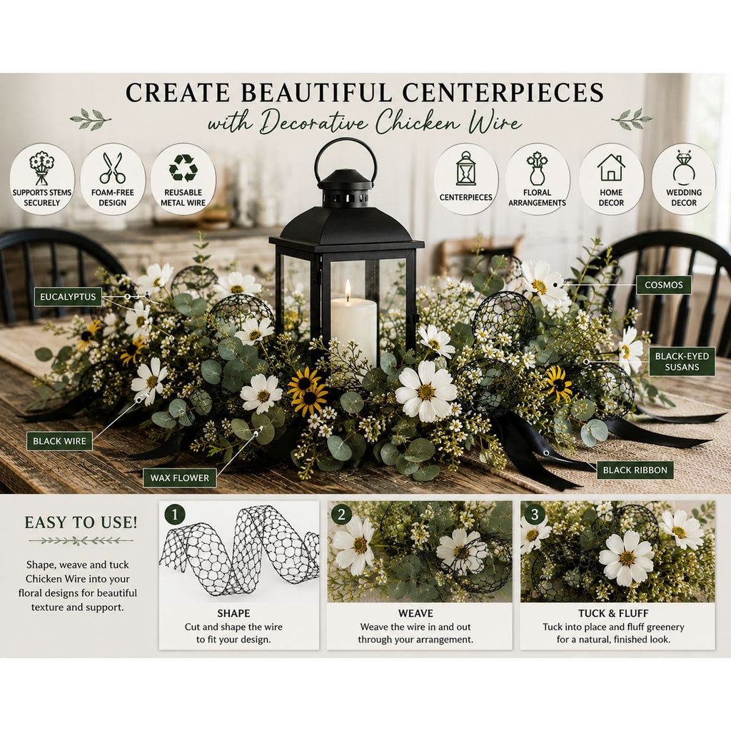 Black Decorative Chicken Wire Roll 4 Inch x 9.5 Foot Floral Wire Wreath Making DIY Crafts Wedding Decor Floral Arrangements