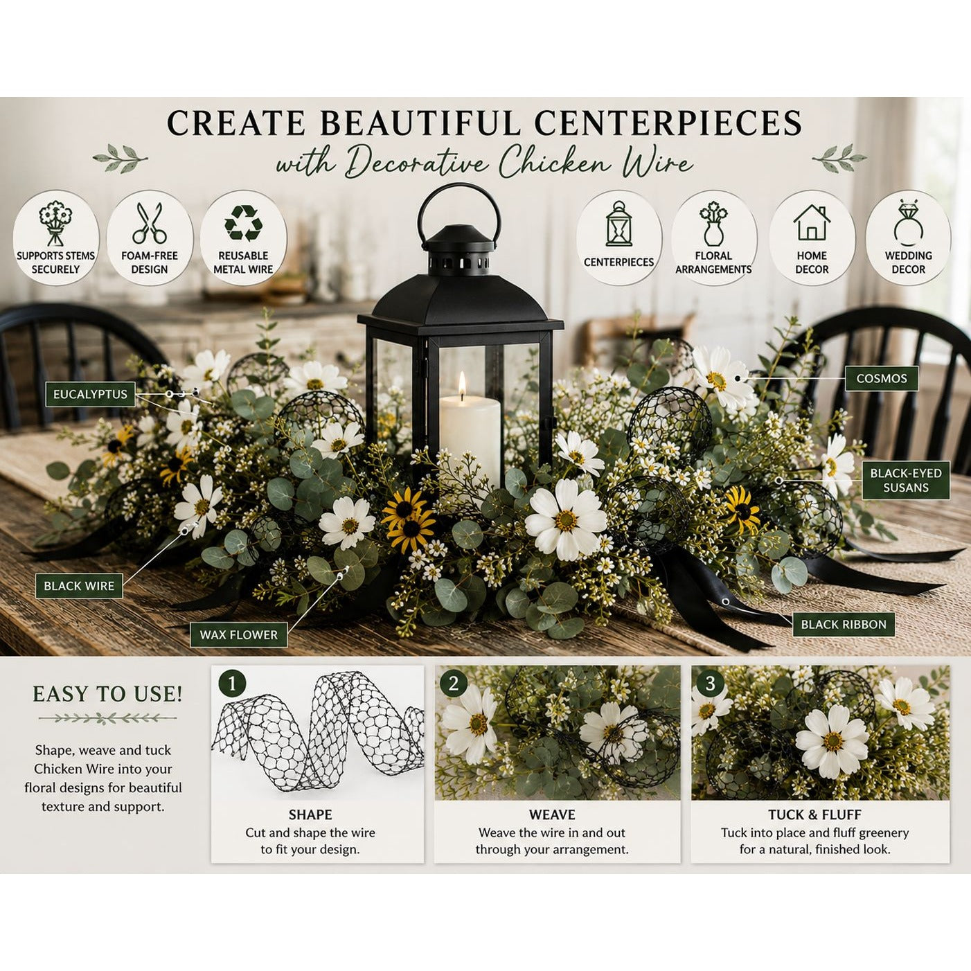 Black Decorative Chicken Wire Roll 4 Inch x 9.5 Foot Floral Wire Wreath Making DIY Crafts Wedding Decor Floral Arrangements
