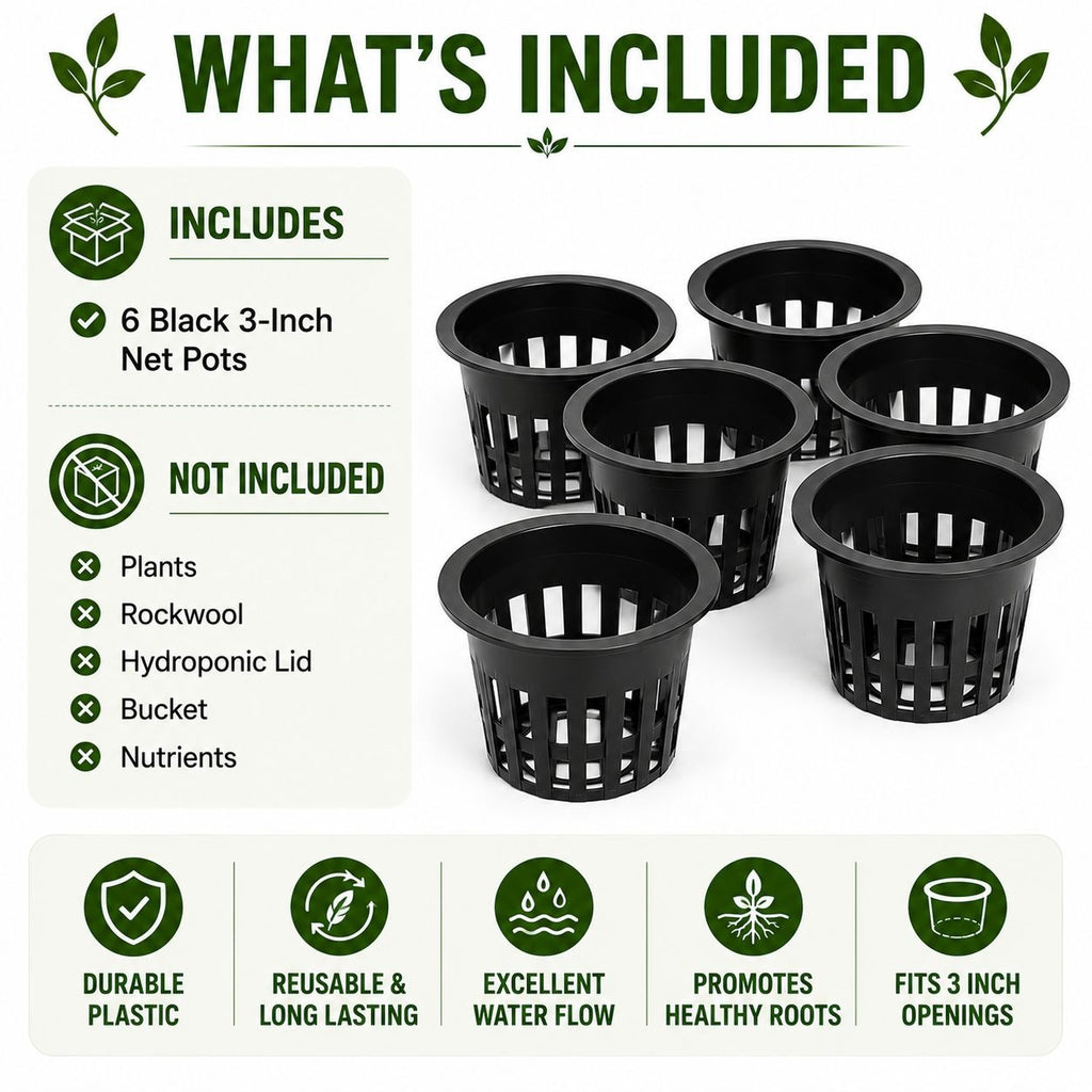 6 Pack 3 Inch Net Pots - Hydroponic Net Cups, Mesh Plant Pots, DWC Growing Baskets
